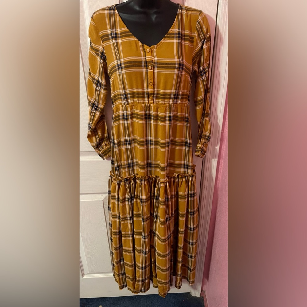 NWOT Mia Joy Joyfoile Margot Yellow Plaid Open Sleeve Maxi Dress Size S